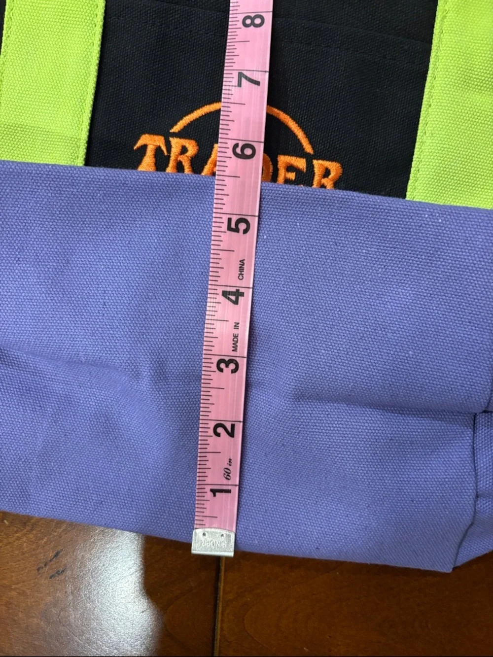 Trader Joe's Black Canvas Tote Bag with Lime‎ Handles and Purple Base